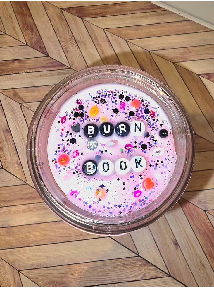 Til Death Creations Burn Book candle with glitter and charms